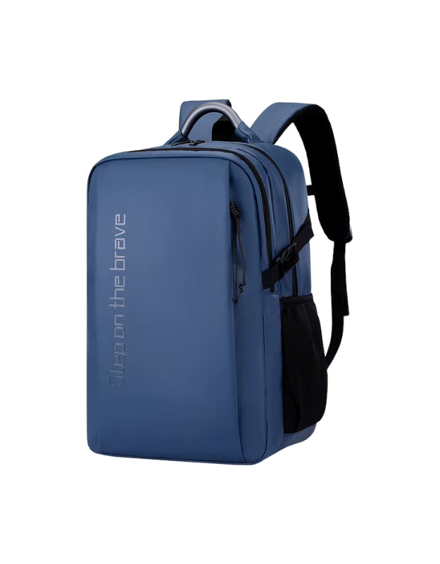 Blue Step On The Brave waterproof large capacity backpack front view.